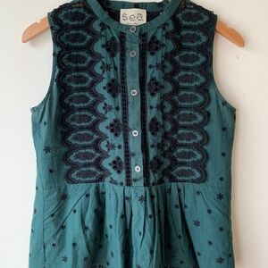 SEA New York forest green and black eyelet embroidered flouncy cotton blouse top